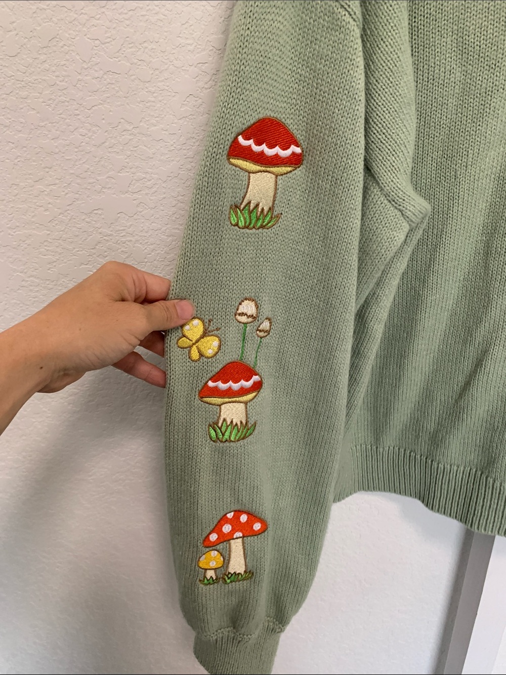 Sanrio Hello Kitty Mushroom Patch Sage V-Neck Cardigan Sweater - Picture 6 of 8